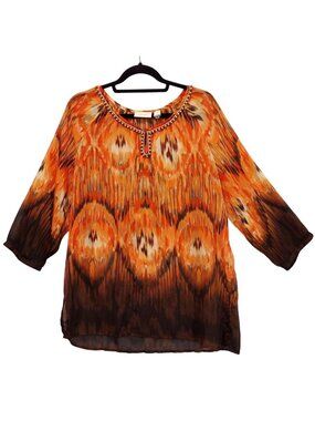 Chico's Womens L Fall Orange brown Sheer Boho oversized wooden beads at Neckline